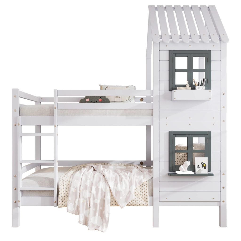 Letto a castello per bambini 90 × 200 cm, 2 posti, con finestre, scala con corrimano e barriere, senza materasso, bianco