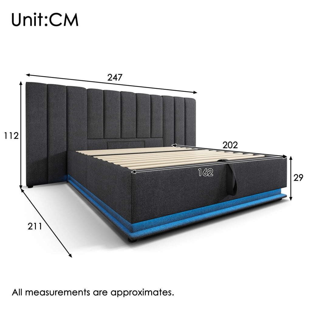 Letto contenitore 160x200 cm con LED 360°; USB e USB-C; lino grigio