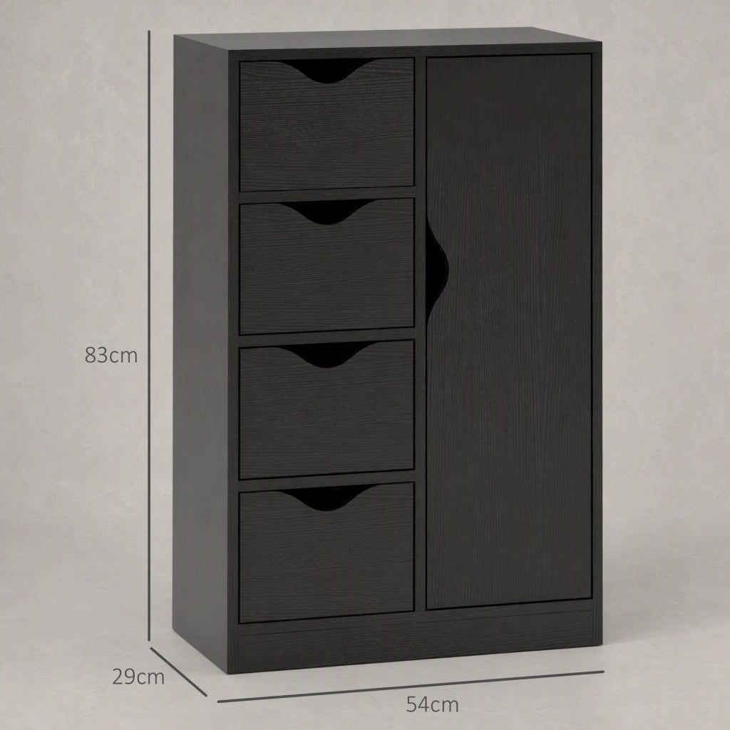 Credenza in legno con 1 anta e 4 cassetti, mobile contenitore nero salvaspazio per soggiorno e cucina, robusto