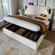 Letto matrimoniale 160x200 beige con contenitore, luce da lettura e USB