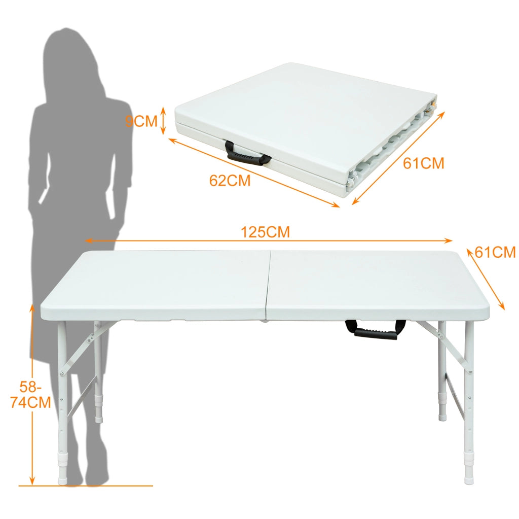 Tavolo Pieghevole Portatile 125 cm con Altezza Regolabile, Telaio in Acciaio, Capacità 135 kg, Bianco