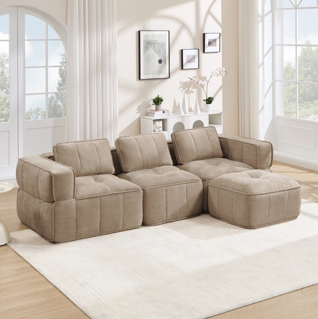 Divano angolare modulare 271x162x67 cm in poliestere sabbia con pouf