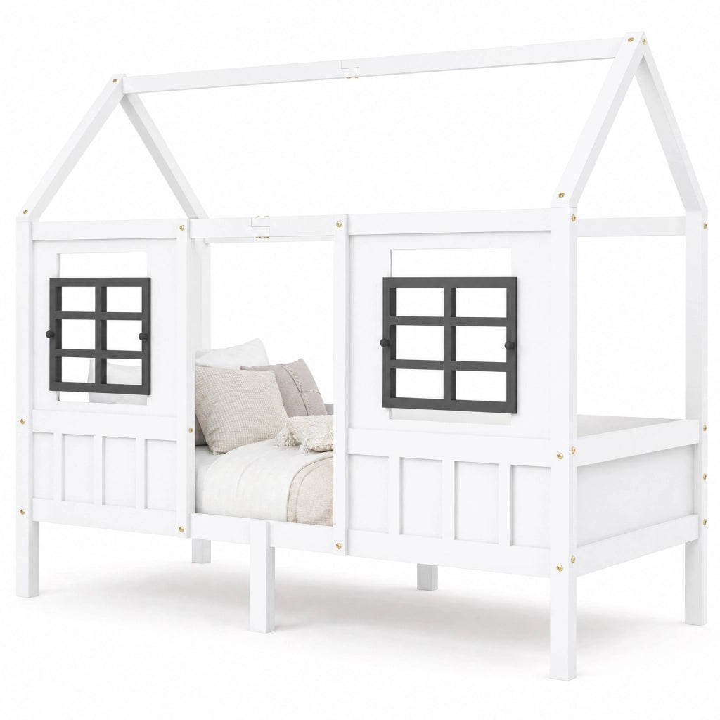 Letto a forma di casetta per bambini con 2 finestre; 200 x 90 cm; pino e MDF bianco