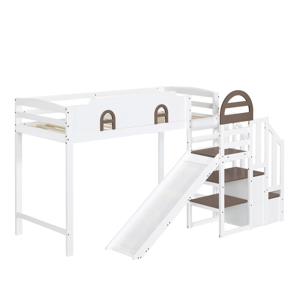 Letto a castello per bambini 90 × 200 cm 2 posti con scivolo, scala con 2 vani e finestre, senza materasso, bianco