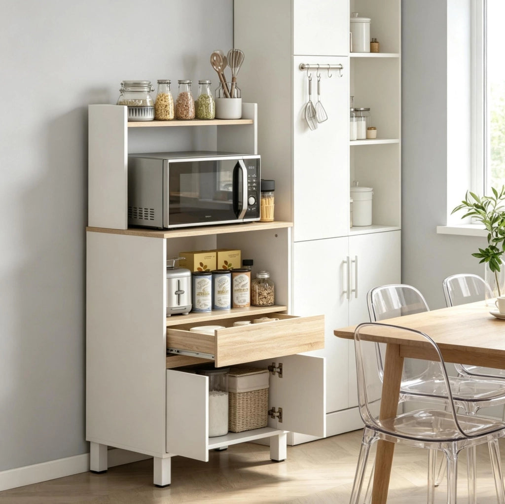Mobiletto con ripiani e vano microonde in truciolato bianco e rovere, 60x40x131 cm