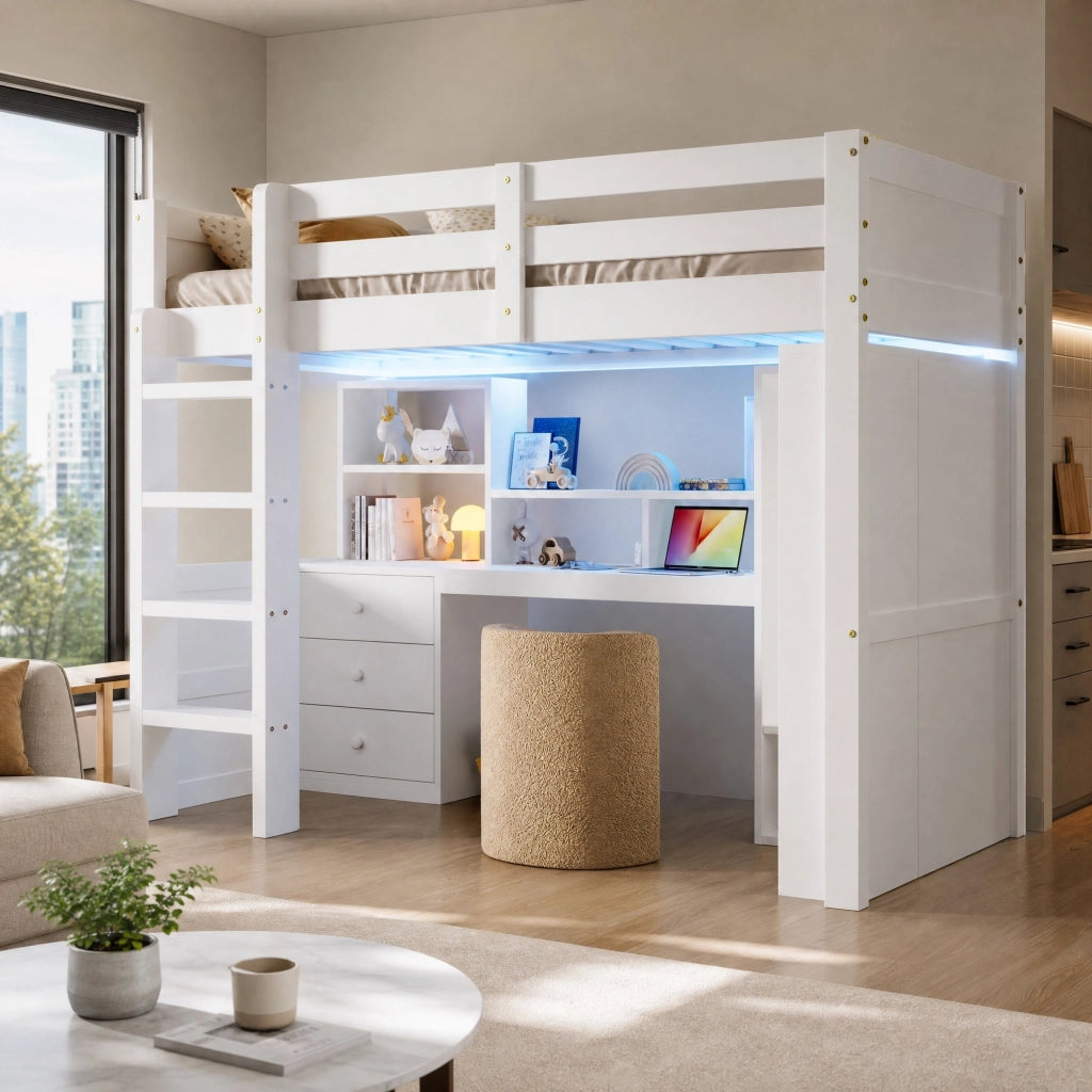 Letto a soppalco 90 × 200 cm con scrivania armadio cassetti LED e ripiani in legno bianco