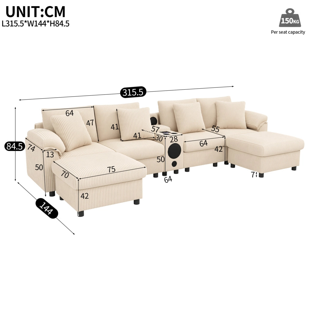 Divano modulare U/L in velluto a coste beige con console Bluetooth; ricarica wireless; USB e Type-C