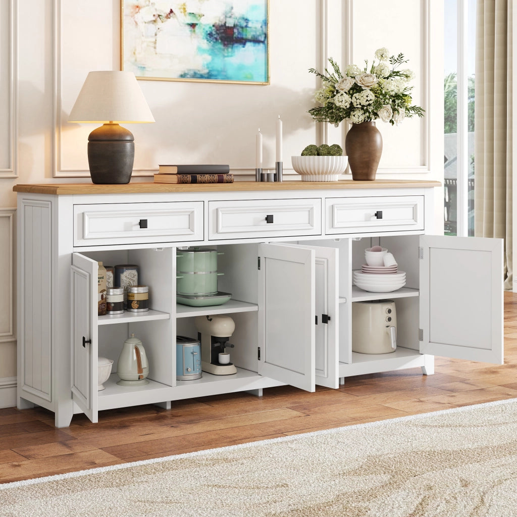 Credenza e madia moderna con 4 ante, 3 cassetti e ripiani regolabili in MDF bianco per soggiorno e camera da letto