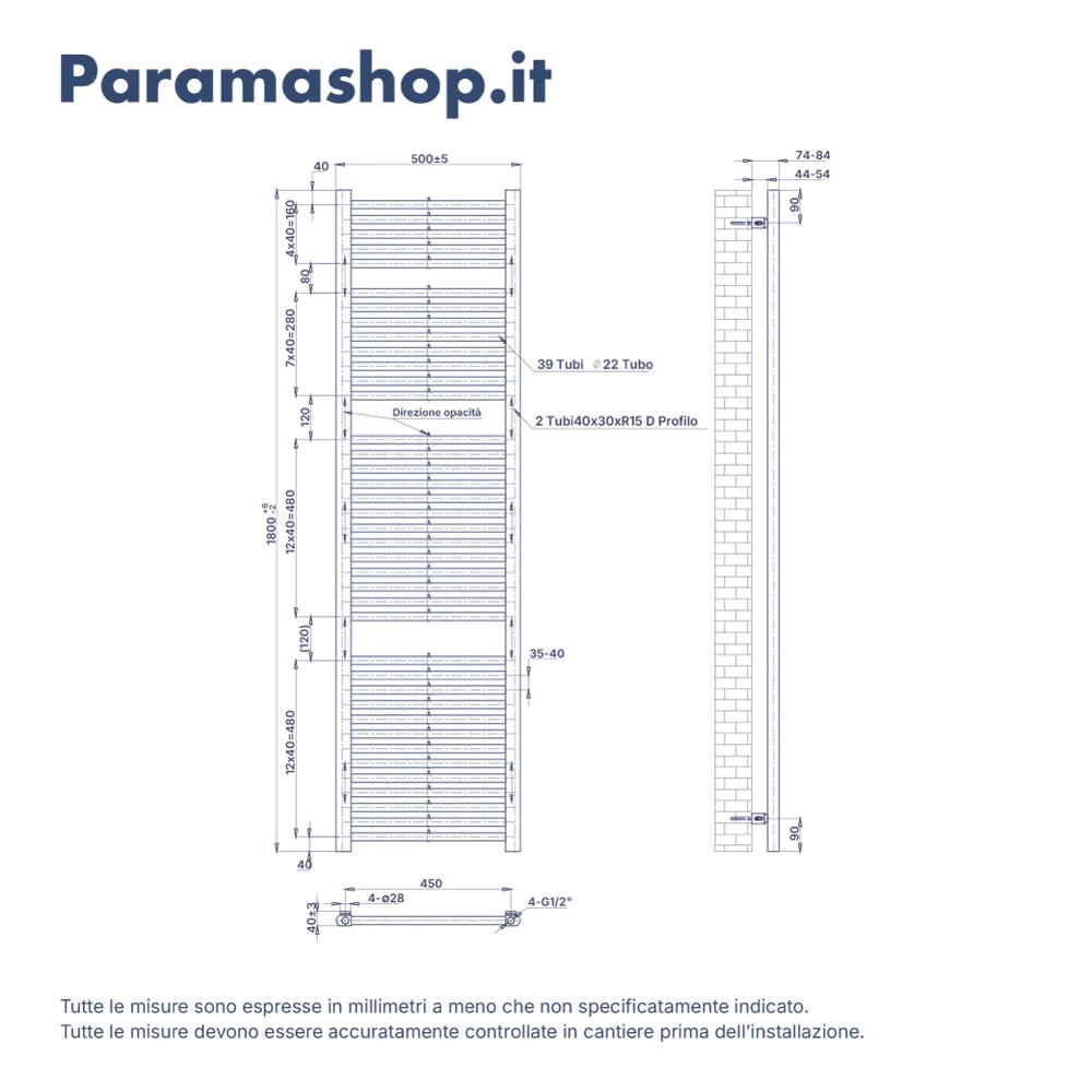 Termoarredo idraulico 1800x500 oro rosa interasse 450 | Polaris