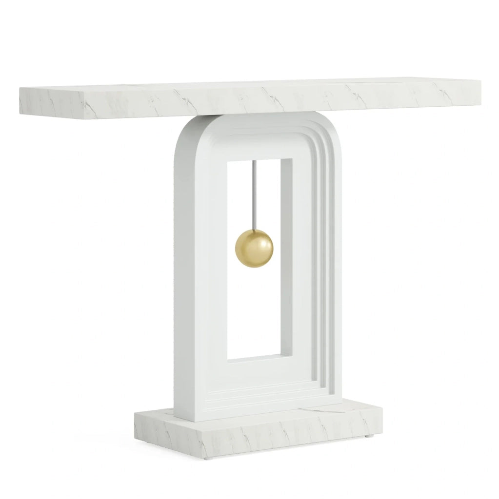 Tavolino Consolle stretto in MDF con piano in marmo bianco, 100 cm, per ingresso e soggiorno