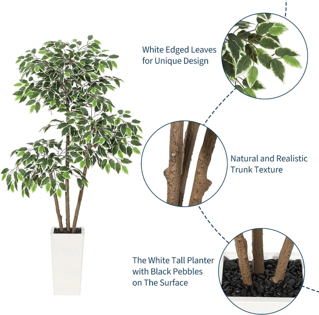 Ficus Artificiale 150 cm con Triplo Tronco Vaso Alto e Fogliame Folto