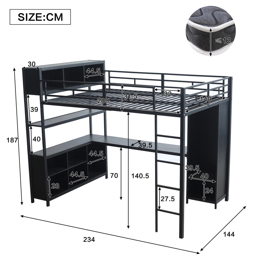 Letto a soppalco 140x200 cm con scrivania; armadio e vani contenitore in metallo e legno; nero