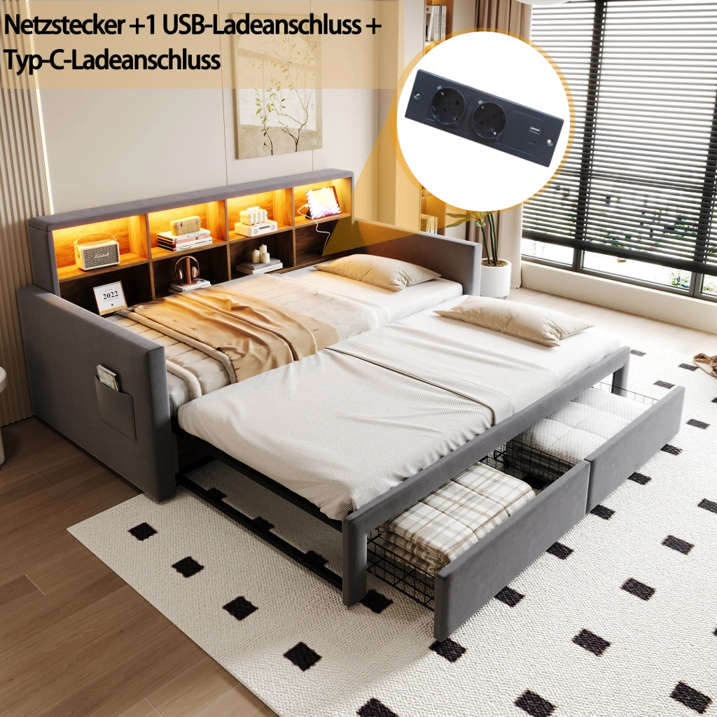 Letto divano 90×190 cm estensibile 180×190 cm con 2 cassetti; LED; USB e presa di tipo C; senza materasso; grigio