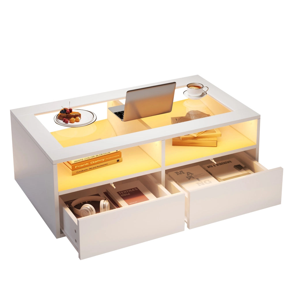 Tavolino da salotto con LED e vetro temperato 100x50x35 cm componibile bianco