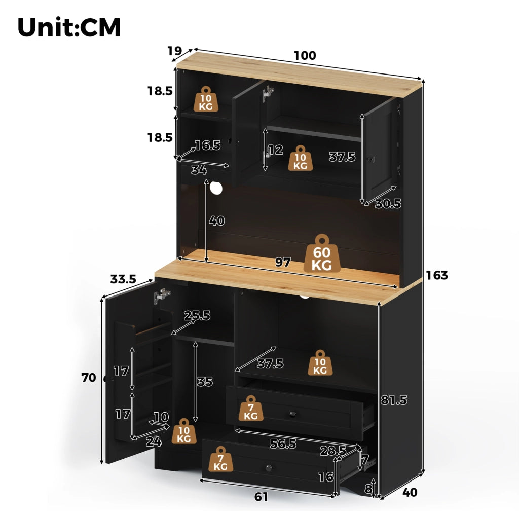 ARMADIO da Cucina con LED, Prese e USB 100x40x163 cm Nero