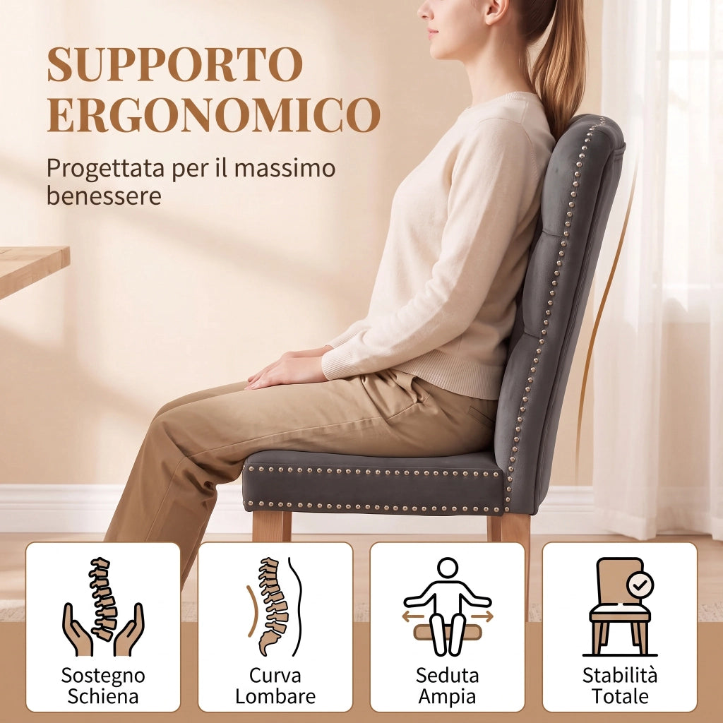 Sedia da sala da pranzo set 2 pezzi con schienale alto ergonomico;47*50*99cm;Legno massello;Velluto;Grigio
