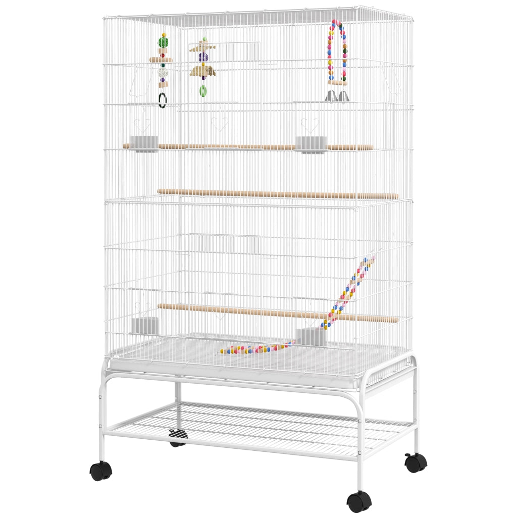 Gabbia per Uccelli con Ruote ¨C Xylo ¨C 79x49x133 cm Bianco con 4 Mangiatoie e 3 Trespoli