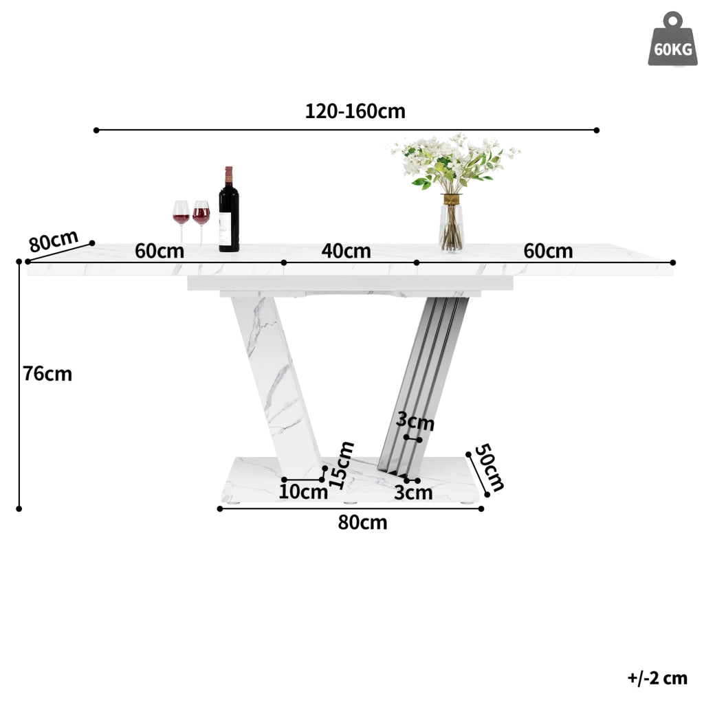 Tavolo da pranzo allungabile 120(160)x80x76 cm con piano effetto marmo; MDF e metallo bianco