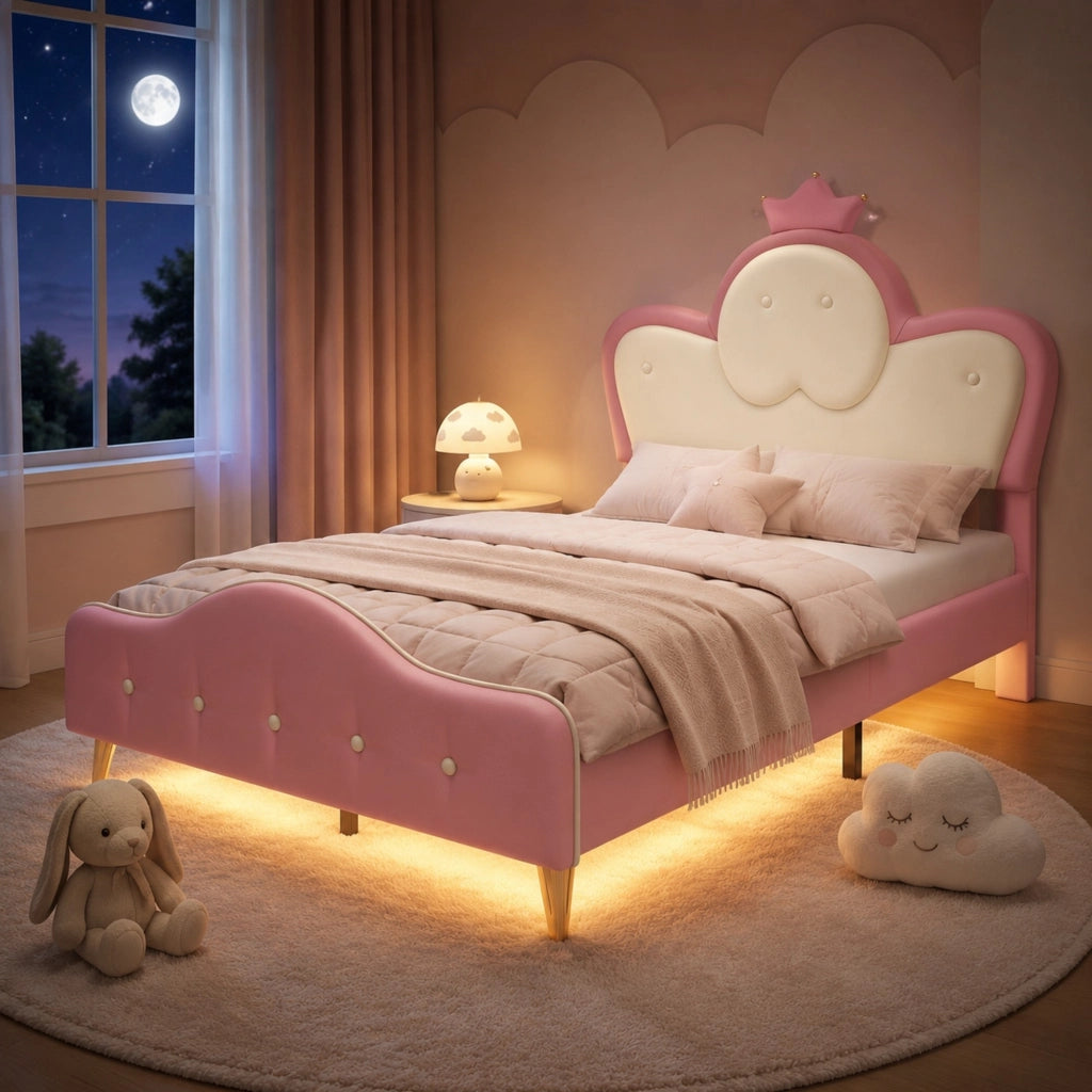 Letto imbottito per bambini 90x200 cm con LED, testiera a corona, PU rosa e bianco