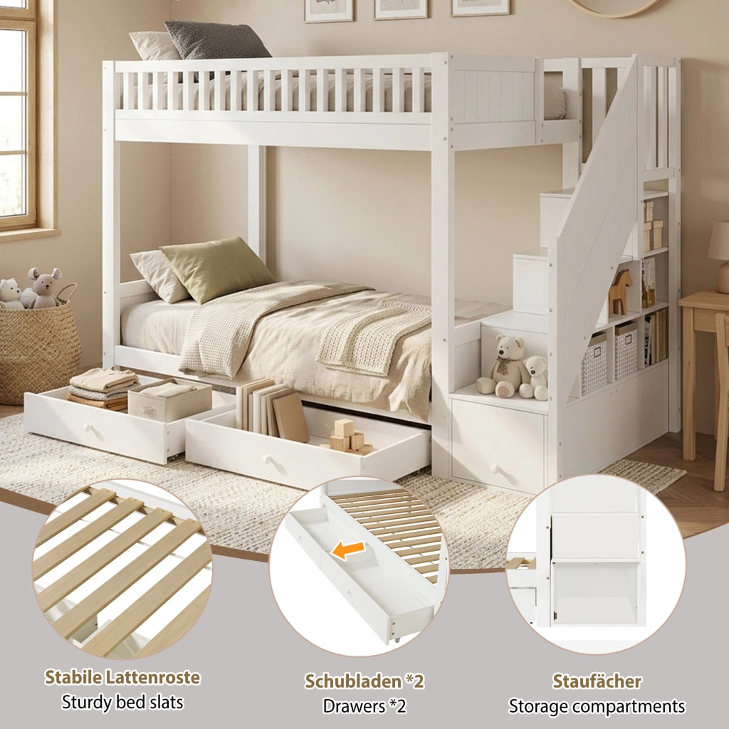 Letto a castello per bambini 90×200 cm 2 posti con scala contenitore, 2 cassetti e barriere, senza materasso, bianco