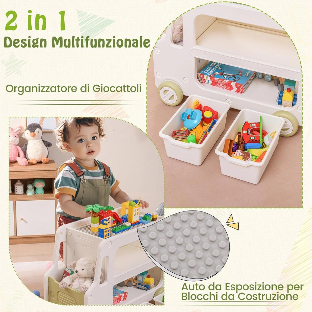 2 in 1 Organizzatore per Bambini, Armadietto Giocattoli a Forma di Auto con Struttura Sicura e 2 Cesti Portaoggetti, Scaffale Apribile a 2 Livelli, Pannello per Costruzioni