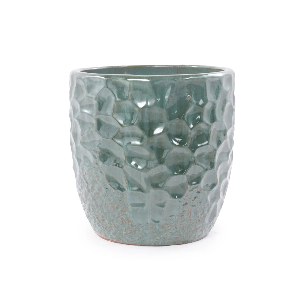 Vaso da pavimento in gres Ø 38 cm verde scuro lucido con rilievo martellato e foro di drenaggio per piante grandi