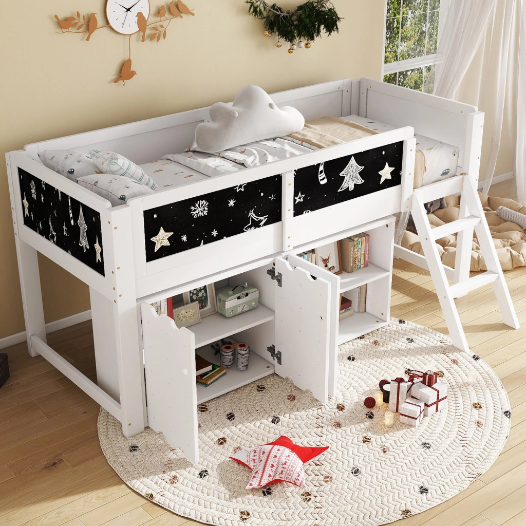 Letto a soppalco per bambini 90 × 200 cm con armadio a 2 ante, lavagna e scala inclinata, senza materasso, bianco