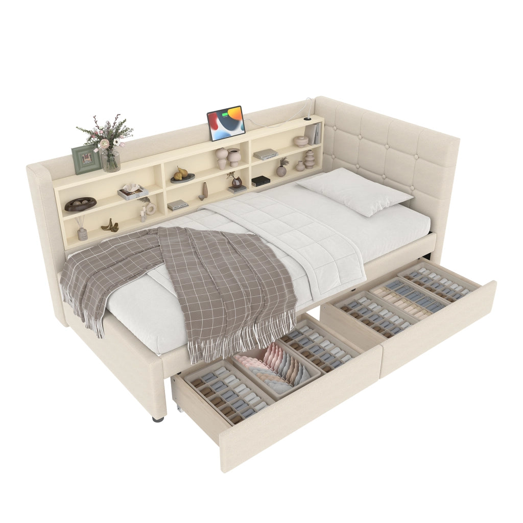 Letto da giorno 90x200 cm con 2 cassetti, USB e USB-C in lino e MDF beige
