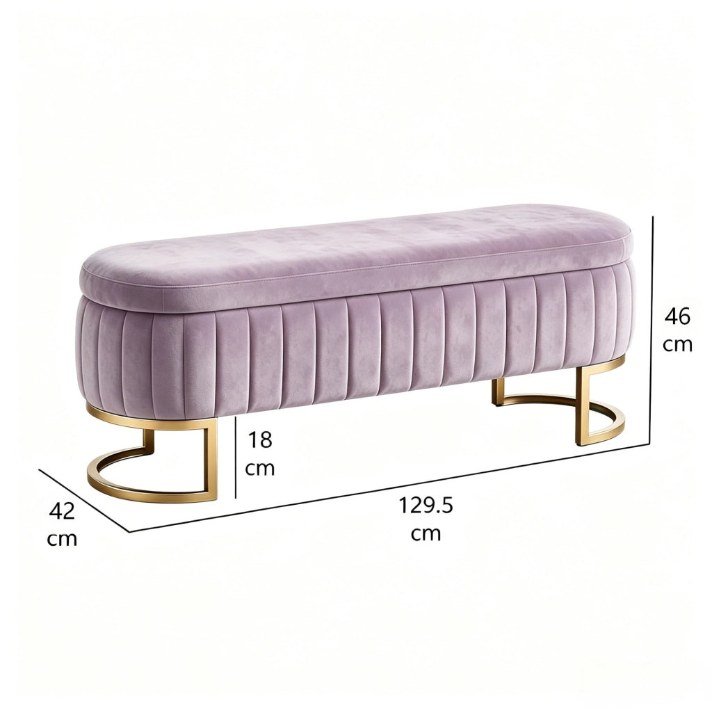 Panca contenitore in velluto rosa 130 cm con piedi dorati