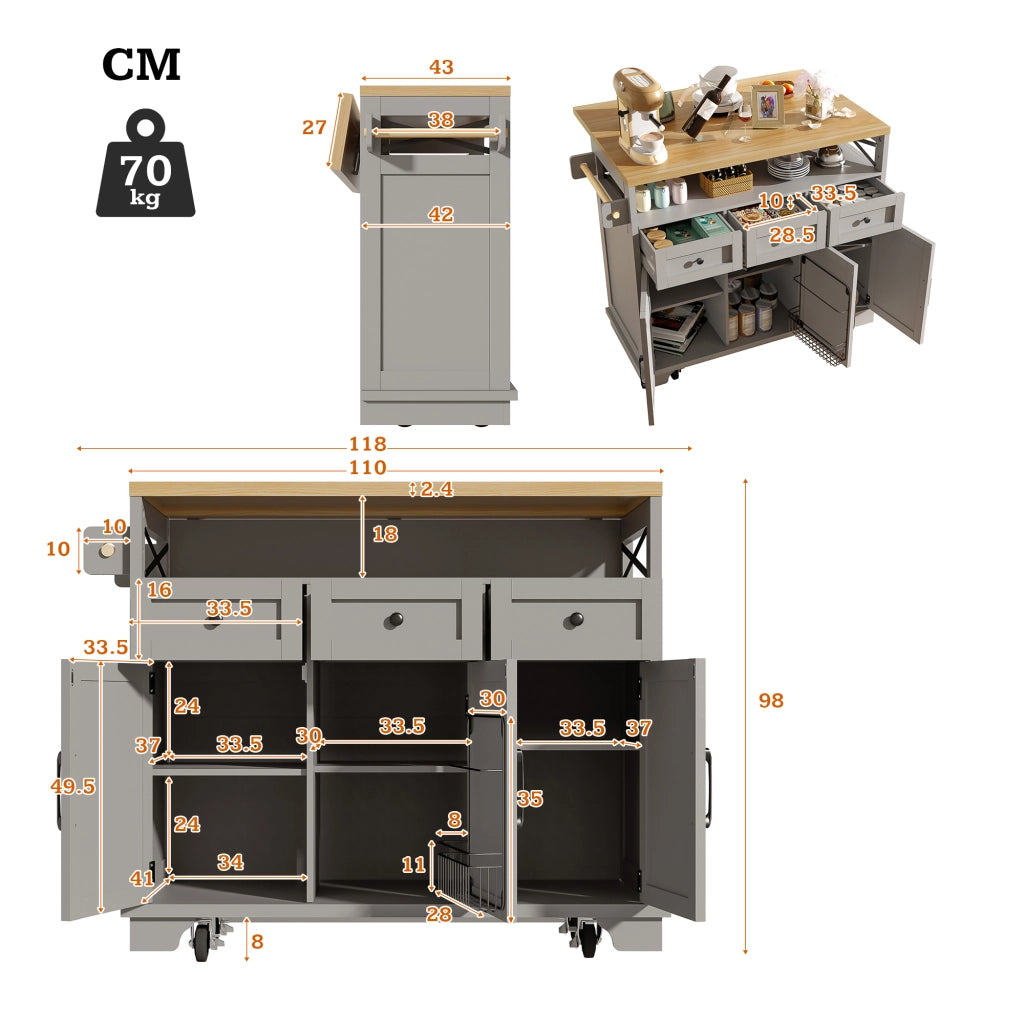 Isola cucina con piano richiudibile 118x43-80x98 cm, carrello multiuso grigio con 3 cassetti e rotelle