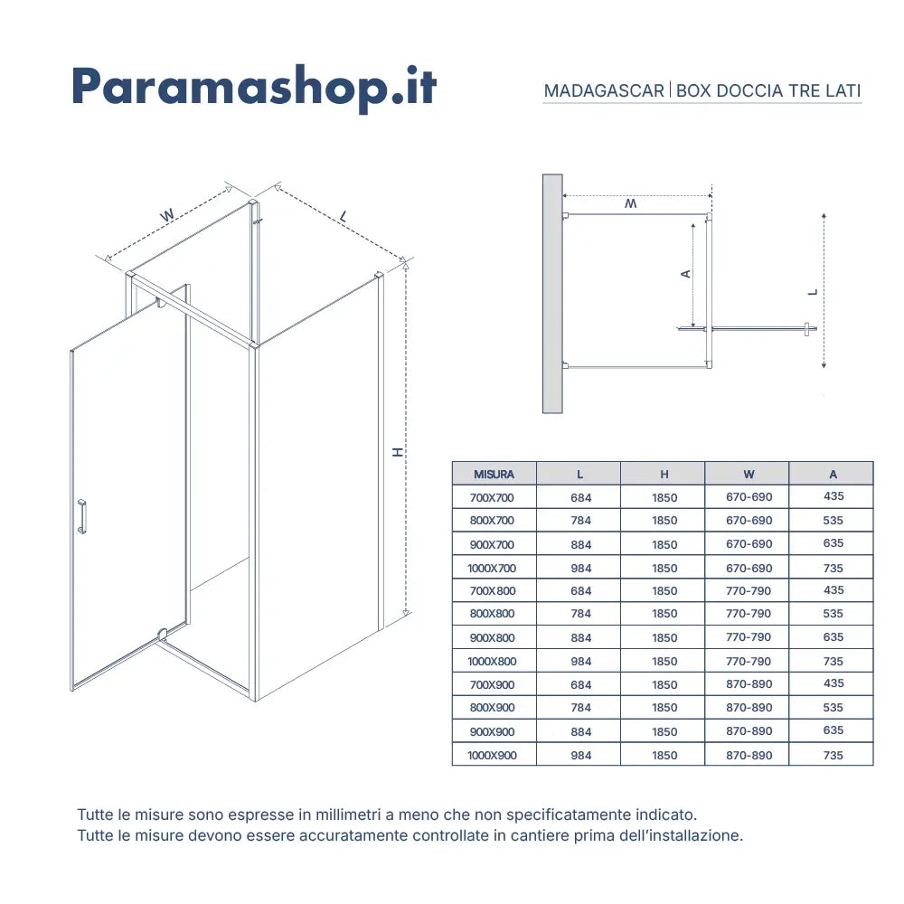 Box doccia tre lati 80x80x80cm con porta battente profili nero opaco e vetro 6mm fumè h185 | Madagascar