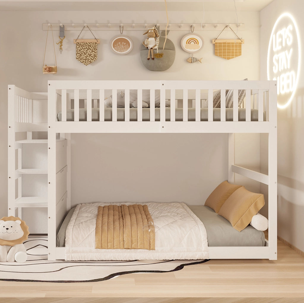 Letto a castello basso 140 x 200 cm con scala contenitore