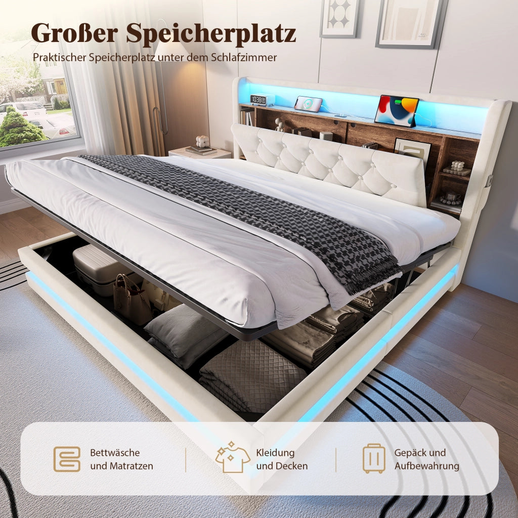 Letto imbottito 160x200 cm con vano contenitore; LED; USB e Type-C; testiera con ripiani; velluto beige