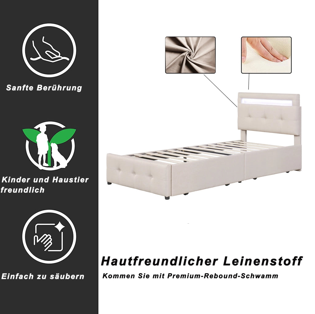 Letto singolo imbottito con LED; 2 cassetti e rete a doghe; beige