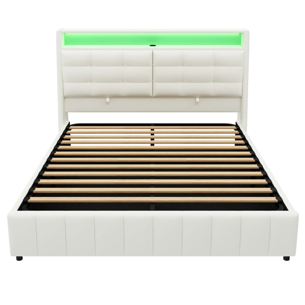 Letto contenitore 160 × 200 cm con LED a 7 colori USB testiera regolabile imbottita in PU MDF e compensato bianco