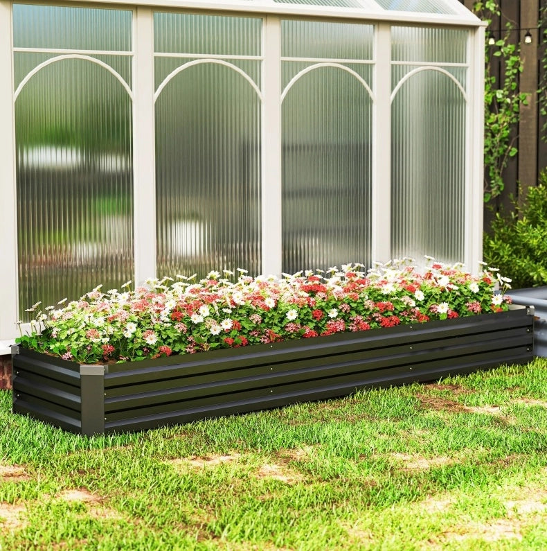 Letto da Giardino Rettangolare 240x60x30 cm, Struttura in Acciaio Zincato e Verniciato, Colore Grigio Scuro, Fondo Aperto