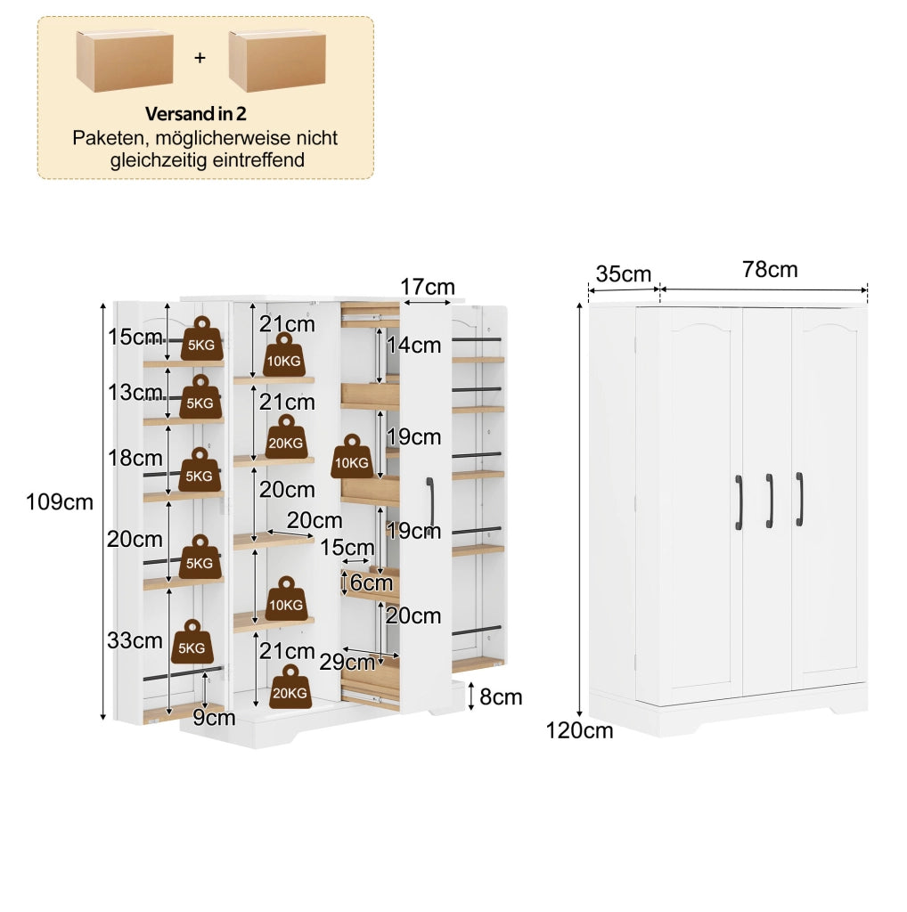 Credenza cucina con portaspezie; 2 ante; 4 ripiani; estraibile verticale; 120x78x35 cm; MDF; bianco