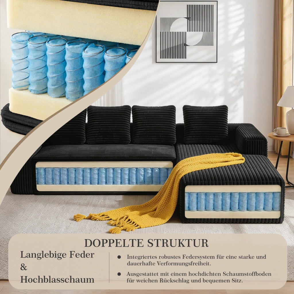 Divano modulare a L con chaise longue reversibile in velluto a coste nero due moduli senza montaggio per soggiorno