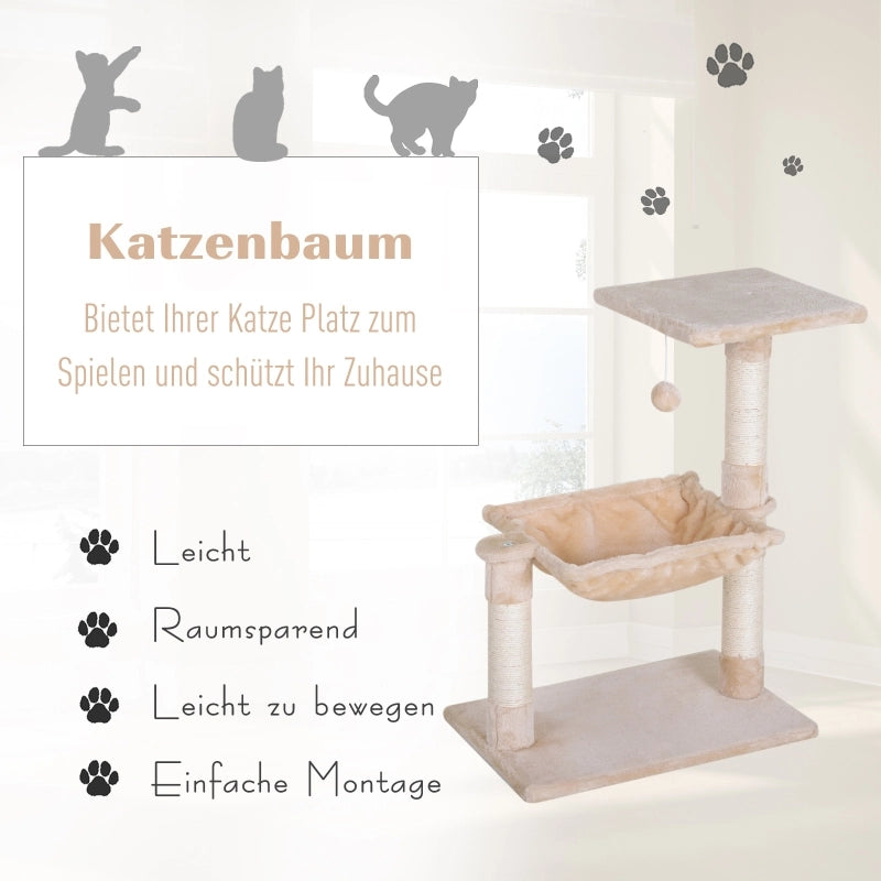 Tiragraffi per gatti con 3 colonne in sisal; piattaforma; amaca e gioco sospeso beige 50 × 36 × 70 cm