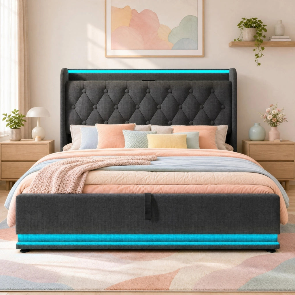 Letto matrimoniale contenitore 140 × 200 cm in lino grigio con LED 360 gradi e testiera USB Type-C