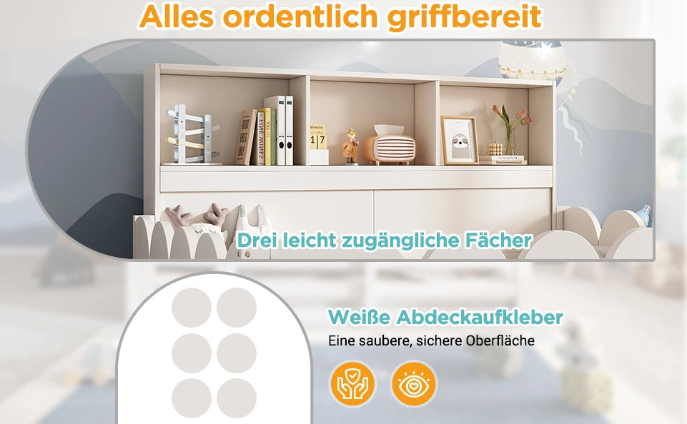 Letto da terra per bambini 140x200 cm bianco con protezione anticaduta, porta e scaffale integrato in legno di pino