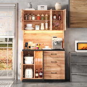 Credenza da cucina alta con 3 cassetti, vetrine, ripiani regolabili, LED e prese, MDF nero, 105 × 40 × 180 cm