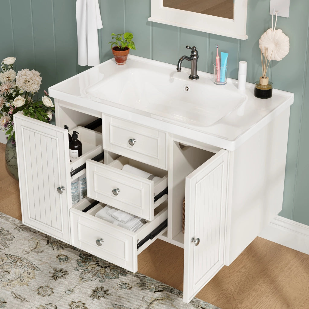Mobile per lavabo singolo sospeso con lavabo in ceramica; cassetti e vano; bianco 78.5 × 46 × 46.8 cm