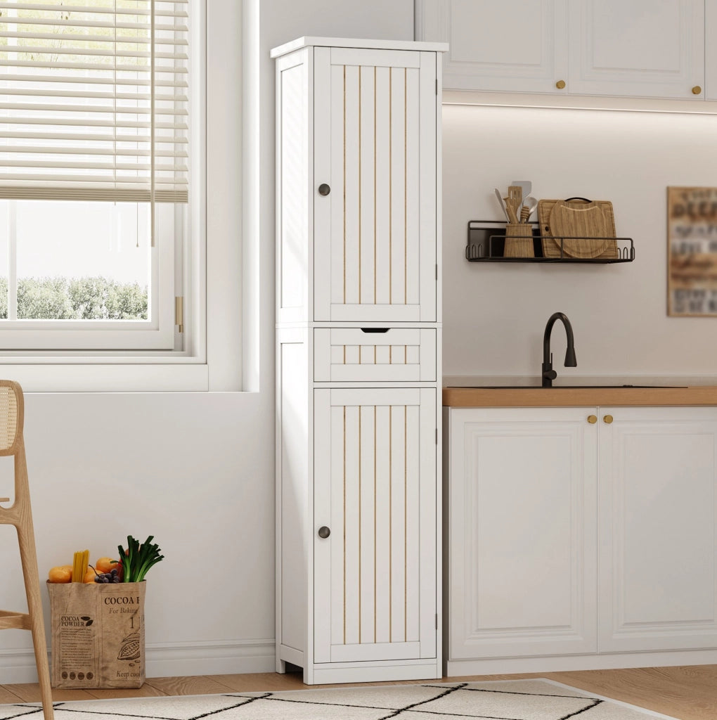 Mobile dispensa da cucina 170x40x30 cm in MDF bianco con 4 ripiani regolabili e sistema antiribaltamento