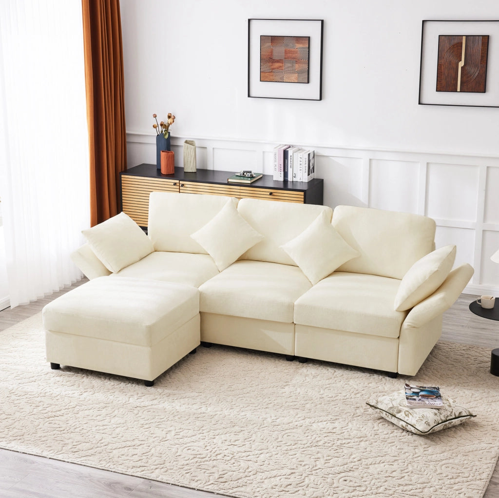 Divano 3 posti con pouf mobile e braccioli regolabili in ciniglia beige
