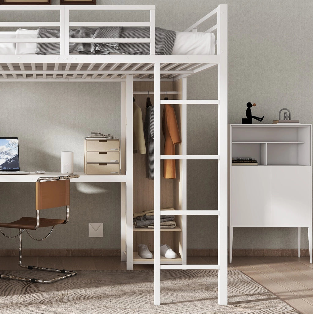 Letto soppalco 140x200 metallo， bianco， scrivania e contenitori， senza materasso