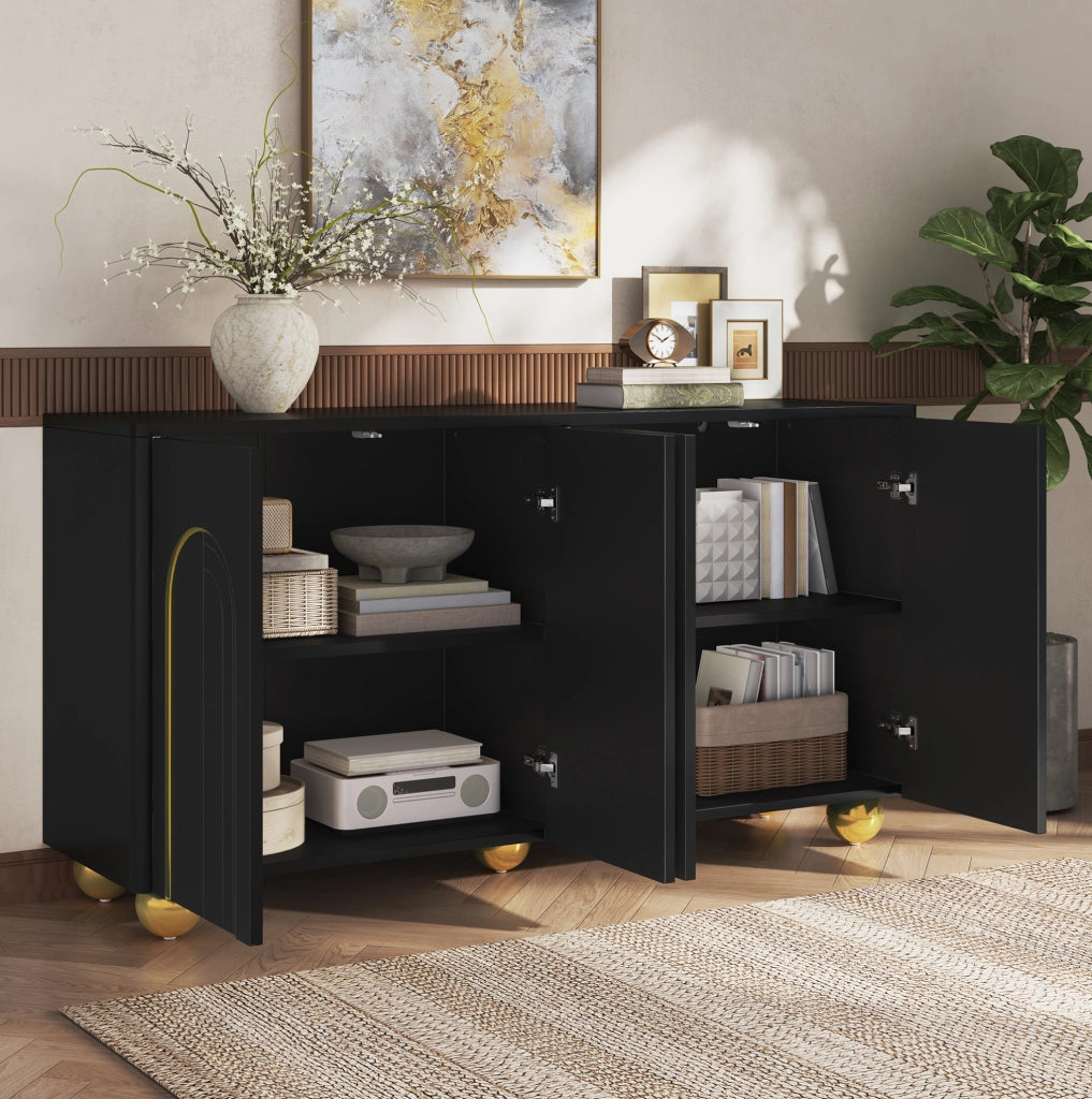 Sideboard 4 ante nero con decoro dorato, 140x40x74 cm