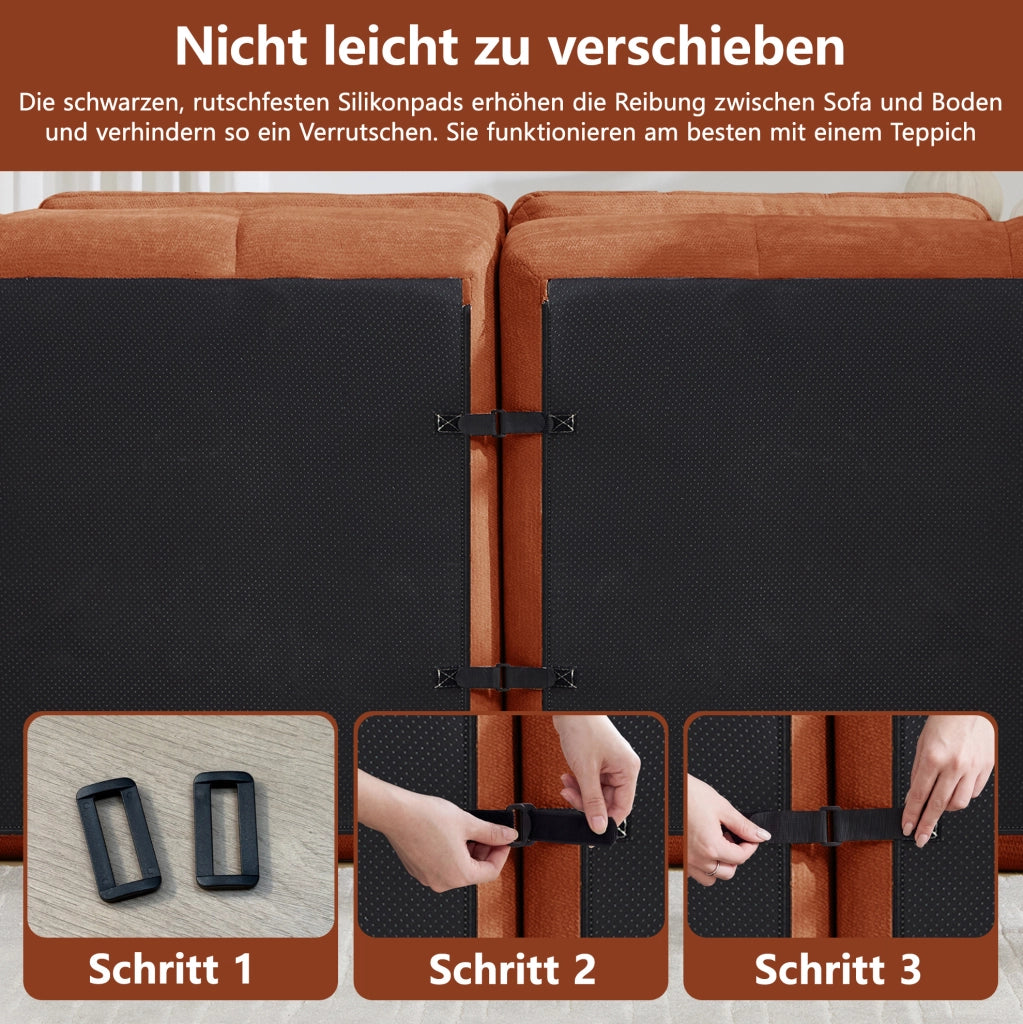 Divano modulare senza telaio 2 posti in chenille arancione con cuciture a quadri e 2 pouf, comodo e flessibile per soggiorno e appartamenti