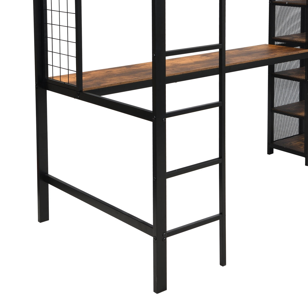 Letto a soppalco 90 × 200 cm con scrivania armadio a cinque ripiani griglia metallica in metallo e MDF nero noce scuro