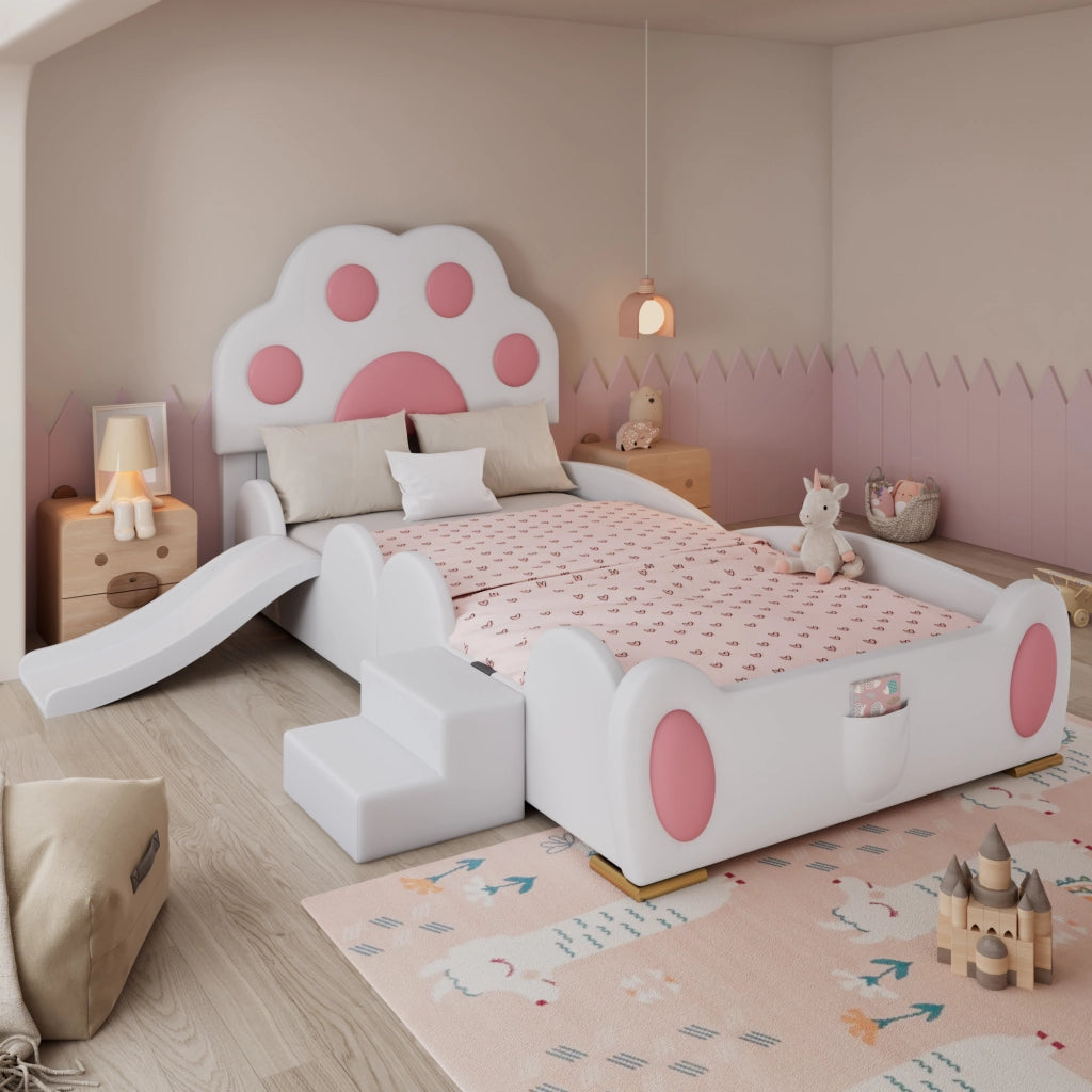 Letto singolo 90 × 200 cm con scivolo e scala a due gradini rivestito in PU bianco e rosa con testiera a zampa